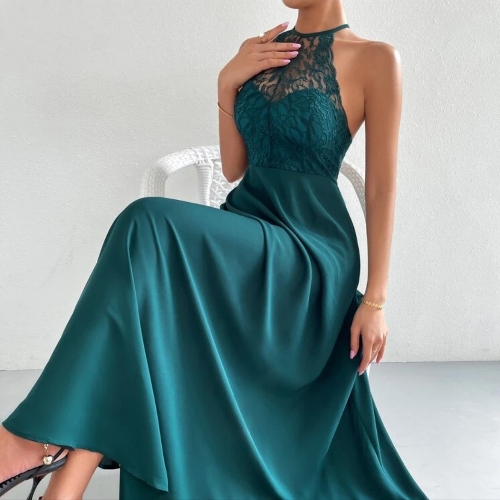 Contrast Lace Tie Backless A-Line Dress